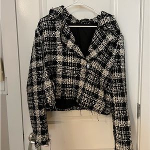 Theory tweed plaid oversized moto jacket